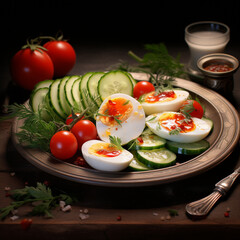 eggs cucumber tomatoes on, generative ai.