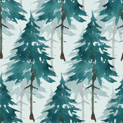 Watercolor pattern with pine trees