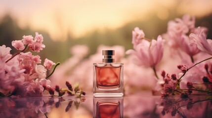 Beautiful small glass perfume bottle on a mirror surface on a background of pink flowers