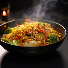 noodle stirfry with some vegetables in a deep dish st, generative ai.