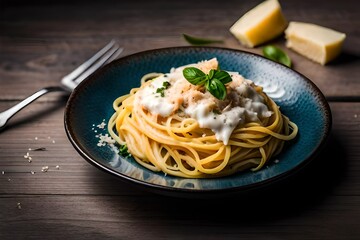 fettuccine alfredo with parmesan cheese isolated .
