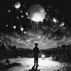 Fantastical scene of young boy holding a lantern and looking to the sky where a multitude of glowing moons seem to be floating away