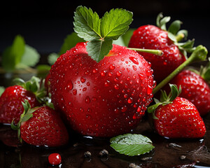 Apple surrounded by strawberries food photograph, generative ai.