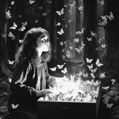 Fantastical scene of girl watching glowing butterflies from a box in the forest