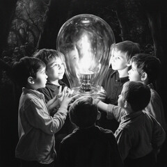 Fantastical scene of children peering into giant lightbulb in a forest