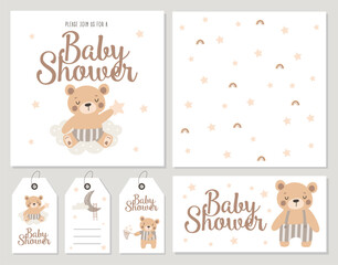 Baby shower invitation birthday greeting cards set with cute bear, vector illustration