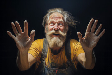 Joyful wise old man, blessed and touched by grace, raising his open hands to the sky in sign of hope and devotion, praying, showing faith, confidence in the darkness, asking for mercy and forgiveness - obrazy, fototapety, plakaty