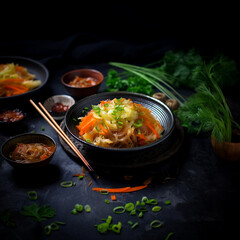 brown rice vermicelli with soy sauce carrot cabbage, generative ai.