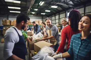 A group of diverse people volunteering at a local food bank showcasing compassion generosity and community service, - obrazy, fototapety, plakaty