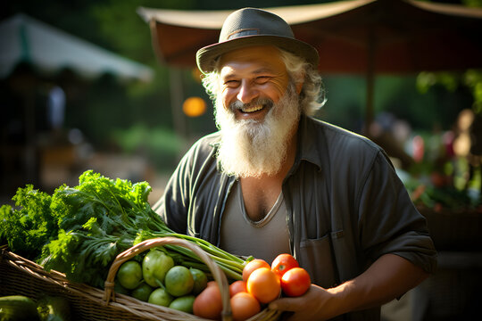 Portrait of mature bearded farmer enjoys working on farm standing holding fresh ripe vegetables looking at camera