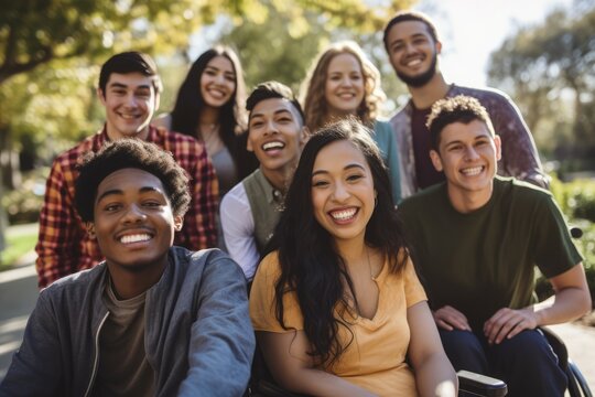 Multiethnic cheerful group of friends smiling on camera outdoor - Group of multiracial people having fun together outdoor.
