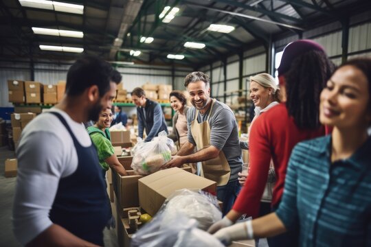 A group of diverse people volunteering at a local food bank showcasing compassion generosity and community service,