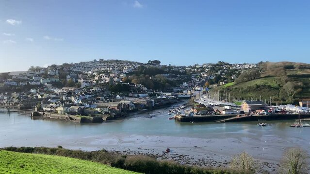 A view of the beautiful coastal town of Salcombe with its harbour and marina on the Kingsbridge Estuary. Taken on a sunny day from Snapes Point - Devon, UK