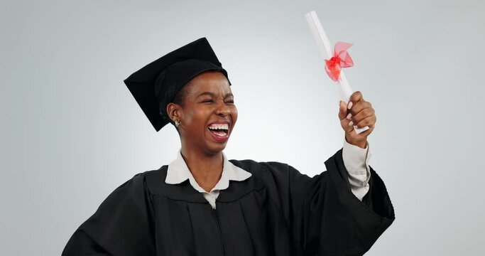 Woman, graduation and diploma of student in studio for school achievement and education success. Portrait of happy black person graduate with certificate for college scholarship on a white background