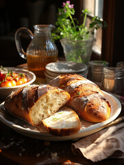 food photography hot bread in the plate on th, generative ai