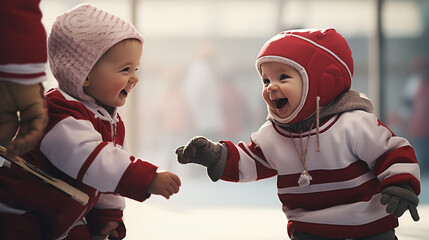 Two baby hockey players from opposing teams share a laugh and high-five after a playful interaction during the game, demonstrating sportsmanship and camaraderie