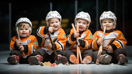 A cute picture of baby hockey players sitting together, enjoying snacks like orange slices and juice boxes during halftime, recharging for the second half - obrazy, fototapety, plakaty