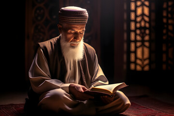 Eldery muslim man reading holy quran on lectern during praying in mosque - obrazy, fototapety, plakaty