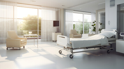 Empty clean recovery room with beds and comfortable medical equipped in hospital
