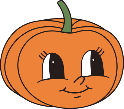 halloween pumpkin on white transparent background. vector groovy style illustration of pumpkin with big eyes. retro cartoon illustration of pumpkin