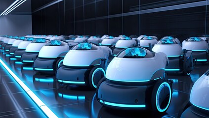 Time capsules and autonomous robots machine in the sci-fi spaceship background.