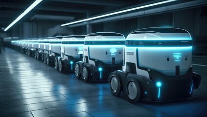 Time capsules and autonomous robots machine in the sci-fi spaceship background.