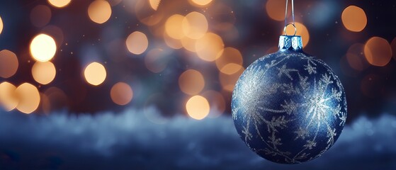 Obraz na płótnie Canvas Christmas Ornaments, Blue Baubles over a Defocused Particles Background. X-Mas Event. 25th December.