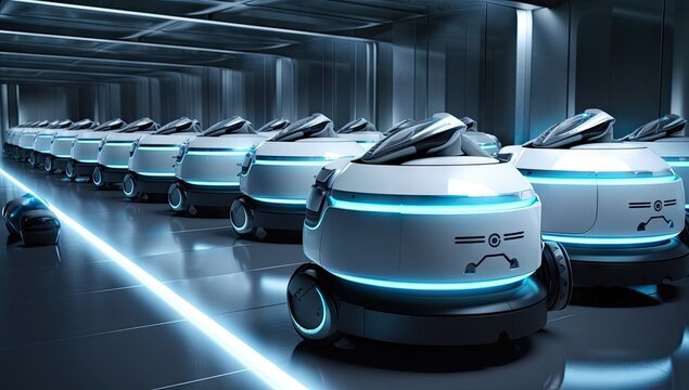 Time capsules and autonomous robots machine in the sci-fi spaceship background.