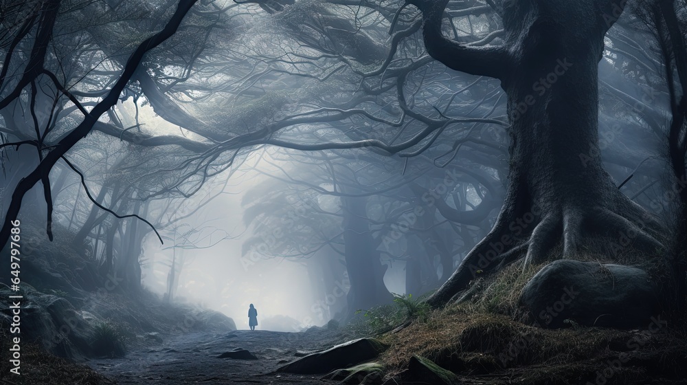 Poster a person standing in the middle of a forest with fog. generative ai