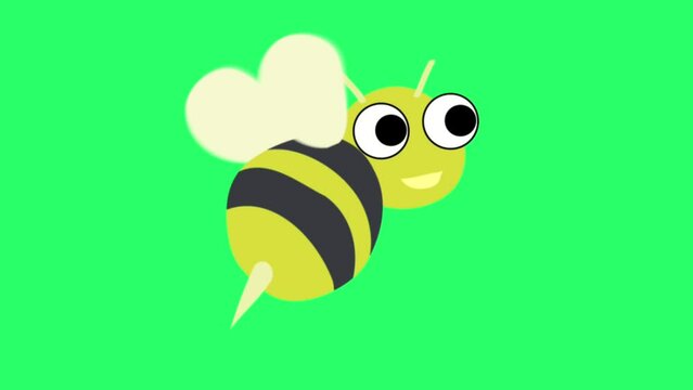 Animation cute bee on green background.
