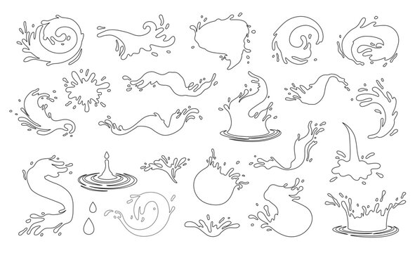 Water and juice splash liquide. Black doodle line. Fresh juice splashed, refreshing display of vibrancy A wave shape, black sea ocean waves stencil A drop shape, fundamental silhouette