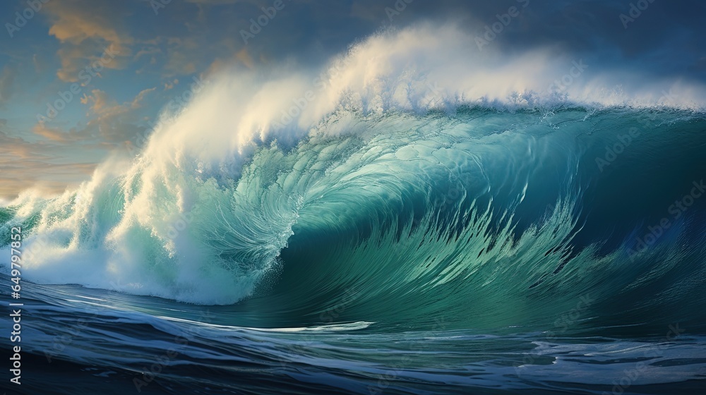 Poster a painting of a large wave in the ocean with a sunset in the background. generative ai
