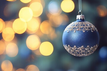 Fototapeta na wymiar Christmas Ornaments, Blue Baubles over a Defocused Particles Background. X-Mas Event. 25th December.