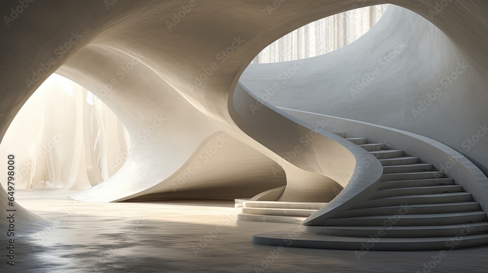 Poster a staircase in a white building with a spiral staircase leading up to it. generative ai