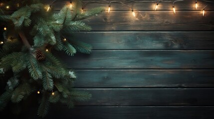 Christmas Ornaments over a Garland, Bauble over a Cyan Woden Background