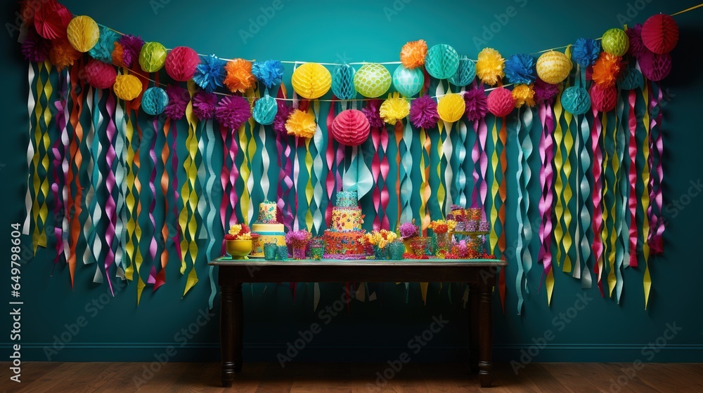 Poster a table with a bunch of colorful streamers on it. generative ai