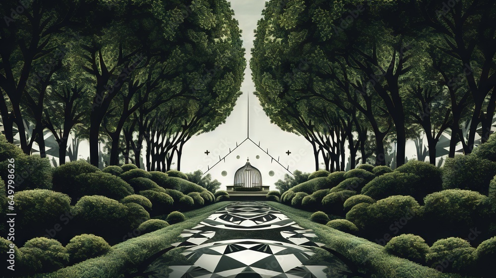 Poster a painting of a park with trees and a building in the background. generative ai