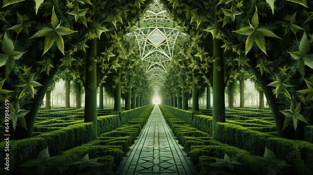 Poster a very large room filled with lots of trees and bushes. generative ai