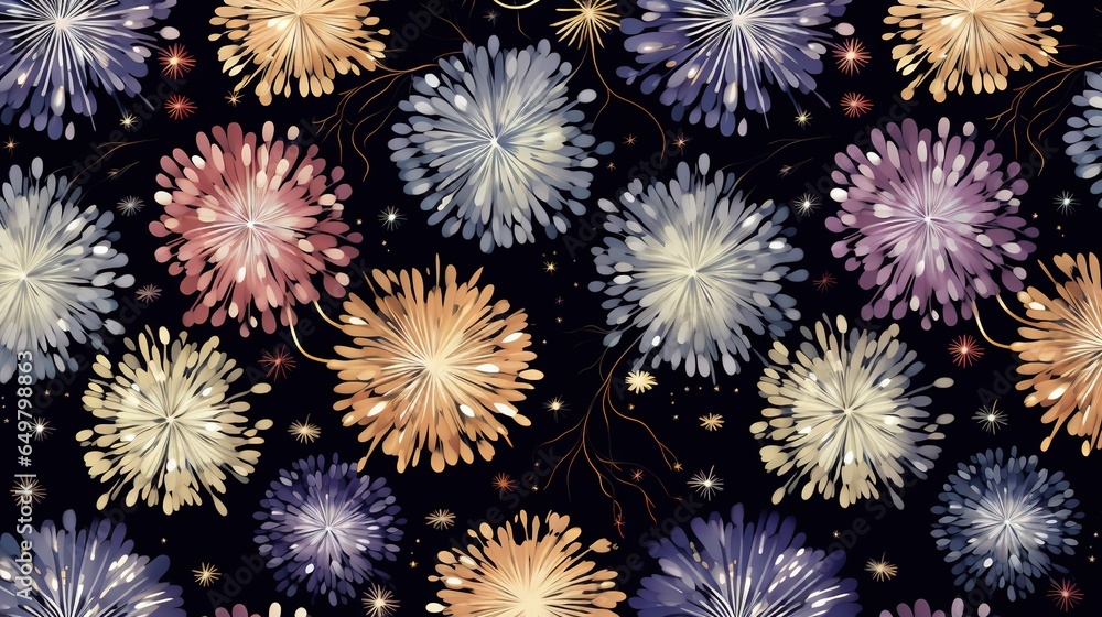 Poster a pattern of colorful fireworks on a black background with stars. generative ai