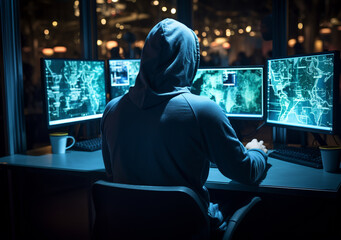 Generative AI. A man wearing hoodie from behind. Multiple computer screen. Threat actor attempts to launch cyberattack. Hackers at command centre - obrazy, fototapety, plakaty