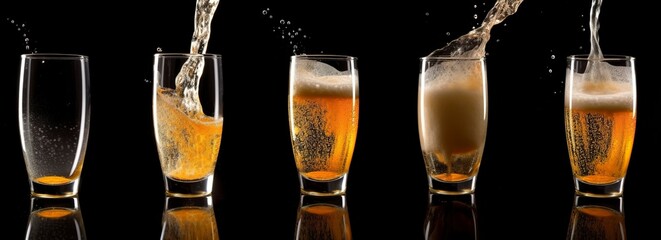 Pouring beer into a glass on a black background. - obrazy, fototapety, plakaty