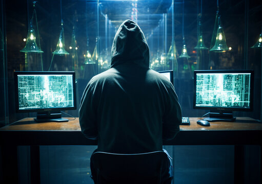 Generative AI. A man wearing hoodie from behind. Multiple computer screen. Threat actor attempts to launch cyberattack. Hackers at command centre