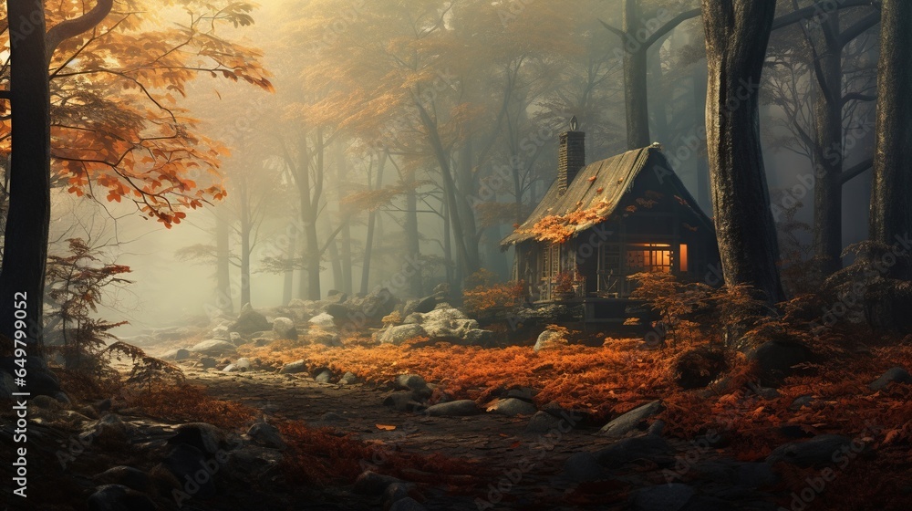 Poster a small cabin in the middle of a forest in the fall. generative ai