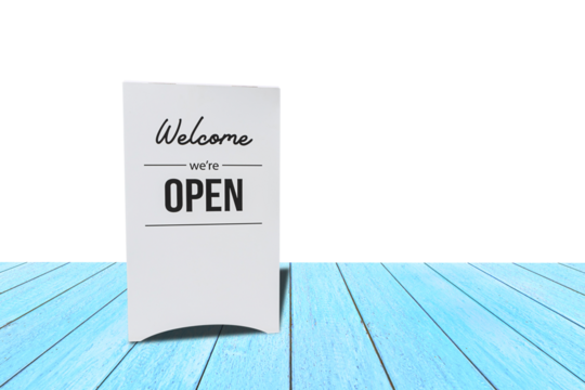 text on vintage white sign " welcome we' are Open" in cafe on blue wooden table isolated on white background.PNG