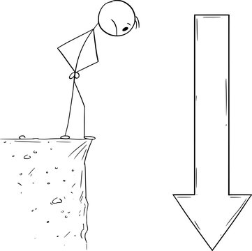 Person Looking at Down Arrow, Vector Cartoon Stick Figure Illustration