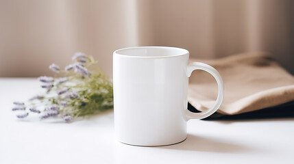 Obraz na płótnie Canvas Generative AI, White ceramic cup set-up in at home interior, mug mock up blank, muted neutral colors. 