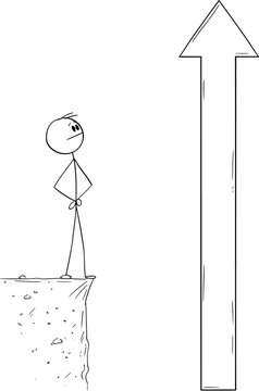 Person Looking at Up Arrow, Vector Cartoon Stick Figure Illustration