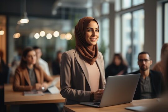 Muslim Businesswoman Leading a Team in Corporate Office Generative Ai