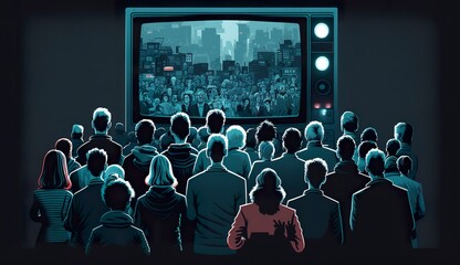People crowd watching TV. TV addiction, propaganda and fake news concept. - obrazy, fototapety, plakaty