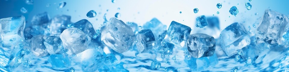 Pieces of ice and water on blue background. - obrazy, fototapety, plakaty